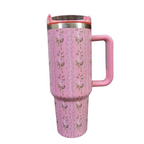 40oz Floral Insulated Tumbler with Handle & Straw – Stainless Steel Travel Cup