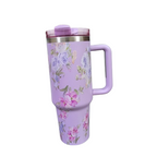 40oz Floral Insulated Tumbler with Handle & Straw – Stainless Steel Travel Cup