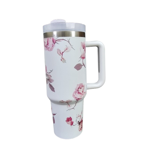 40oz Floral Insulated Tumbler with Handle & Straw – Stainless Steel Travel Cup